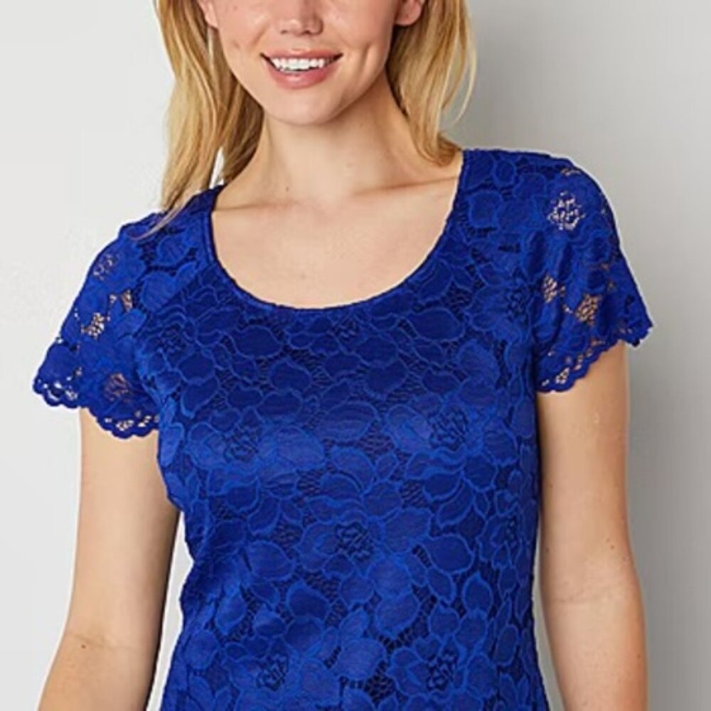 Susan Graver Floral Lace Top Royal Blue Women's Small Lined